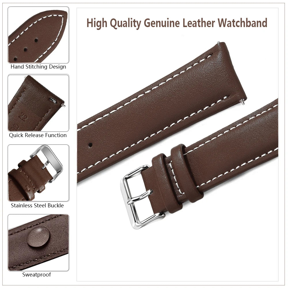 Top Grain Genuine Leather Watch Band, Quick Release 18mm/20mm/22mm Watch Straps, Fits Samsung Galaxy Watch, Garmin Huawei Watch