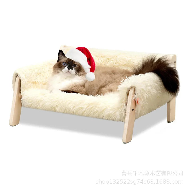 Large Cat Bed Sturdy Wooden Leg Raised Plush Cat Sofa Bed Kitten Bed for Indoor Cats - Soft Cat Couch