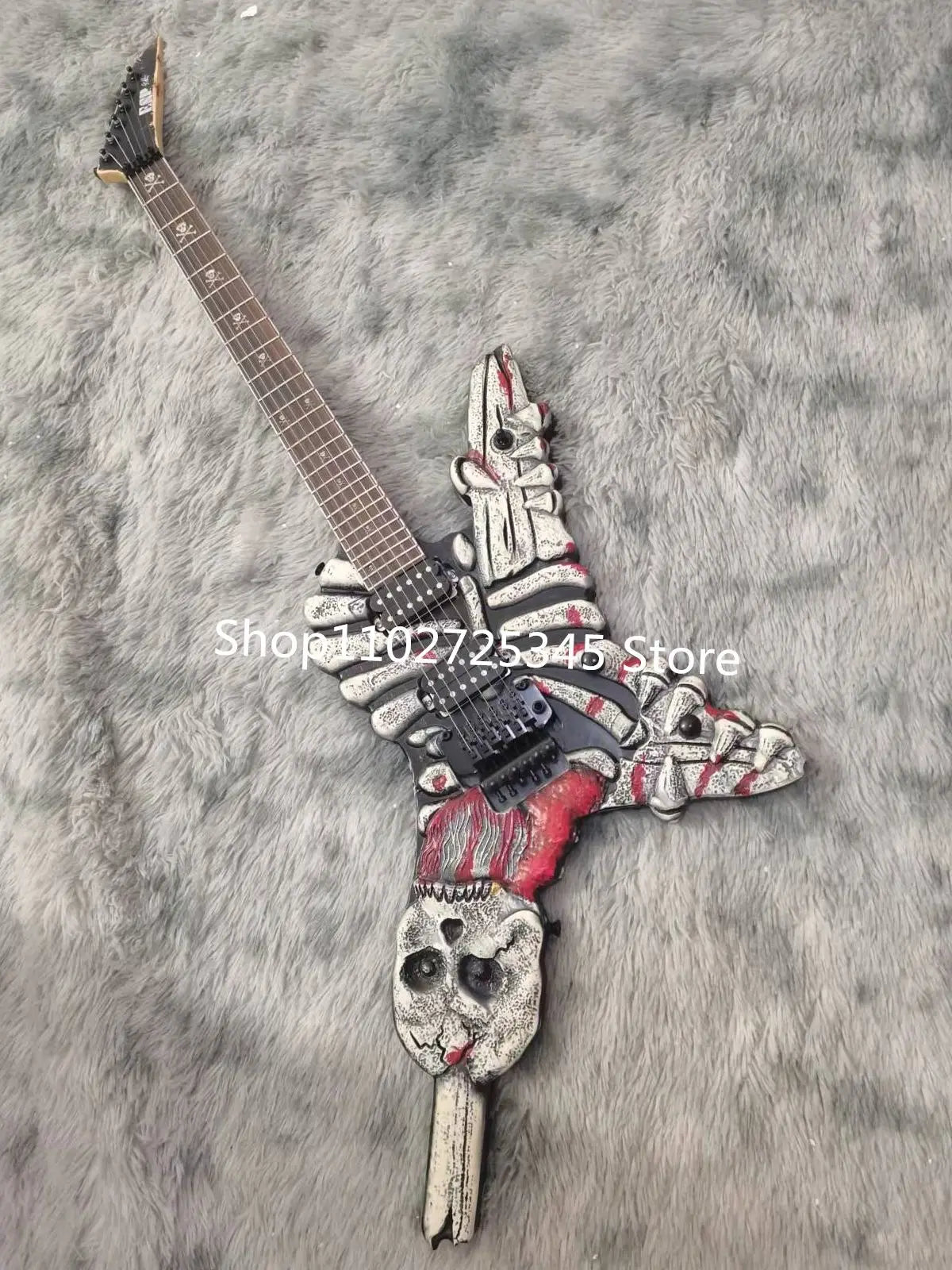 6 string skull electric guitar, black accessories, tremolo system, free shipping