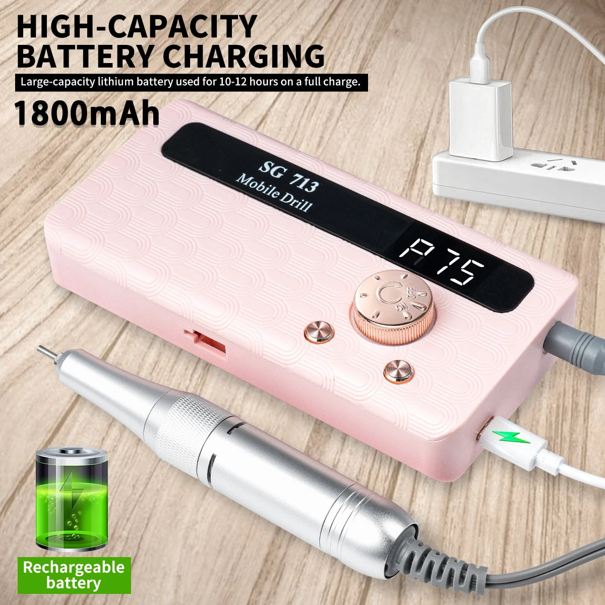 45000RPM Electric Nail Drill Rechargeable Nail Polisher with Nail Drill Kit for Gel Nail Polishing Nail Salon Tool