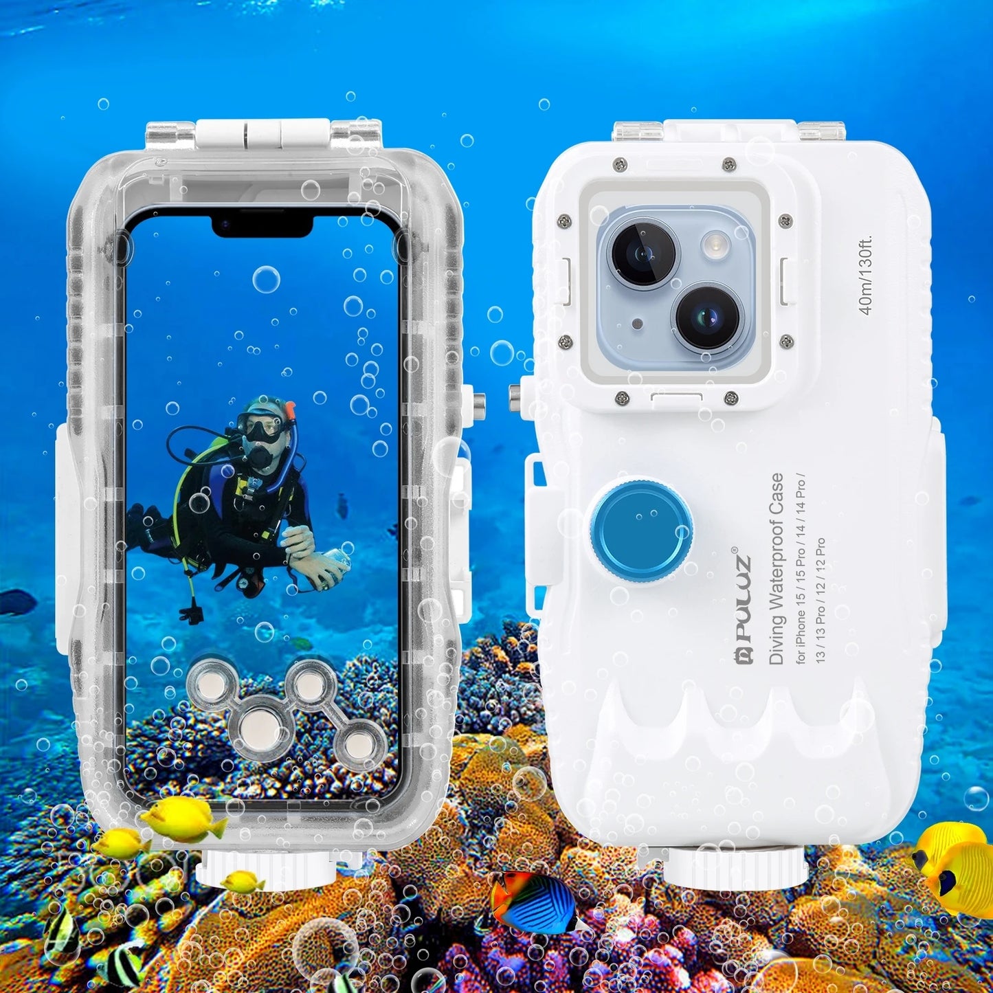PULUZ 40m/130ft Waterproof Diving Case for iPhone 15 14 13 12 11 Pro Max Plus with One-way Valve Underwater Video Housing Cover