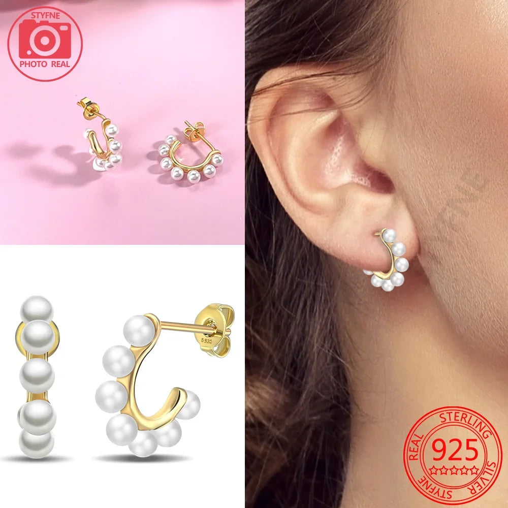 Sterling Silver S925 Pearl Gold Yellow Circular Hoop Earrings Drop Earring Original Charms Fine Jewelry for Women Elegant