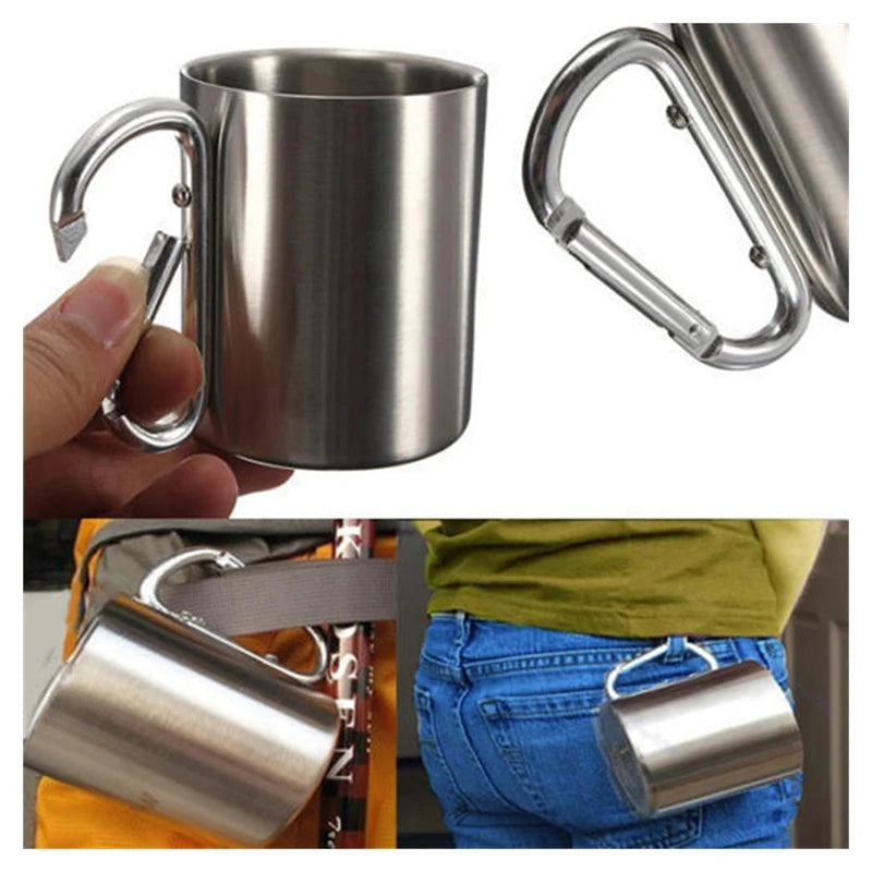 180ml Stainless Steel Cup For Camping Traveling Outdoor Cup with Handle Carabiner Climbing Backpacking Hiking Portable Cups