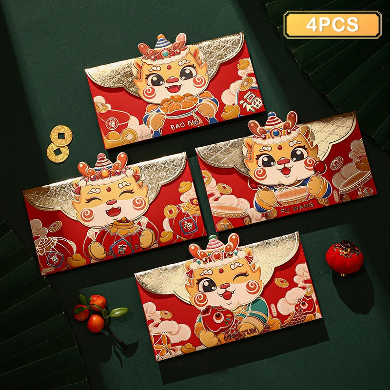 4PCS 2024 Chinese New Year Red Envelopes Cartoon Dragon Year Hongbao Spring Festival Money Pockets Wedding Lucky Packets