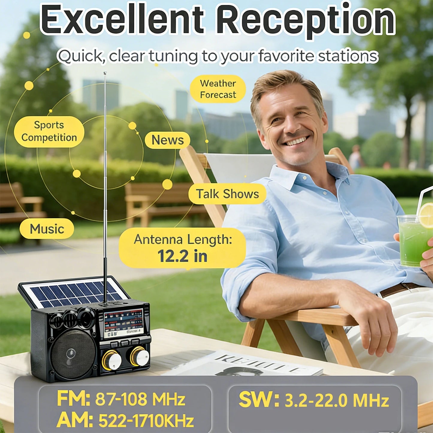 Portable FM AM SW Radio Solar  Radio Receiver Bluetooth Speaker TF Card USB Drive MP3 Music Player Rechargeable Battery