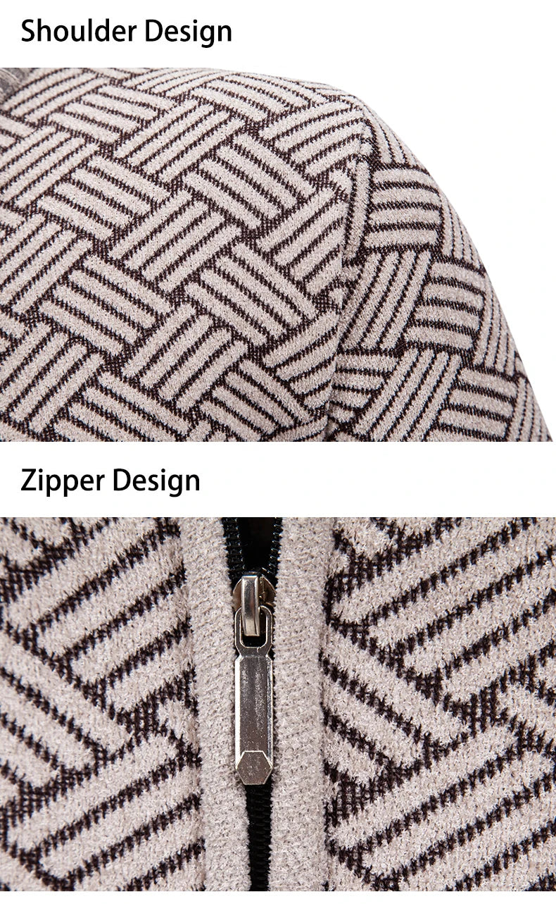 Mens Sweaters Jacket Full Zip Fleeced Sweater Cardigan Plaid Stand Collar Sweaters Coat Autumn Winter Homme Clothes