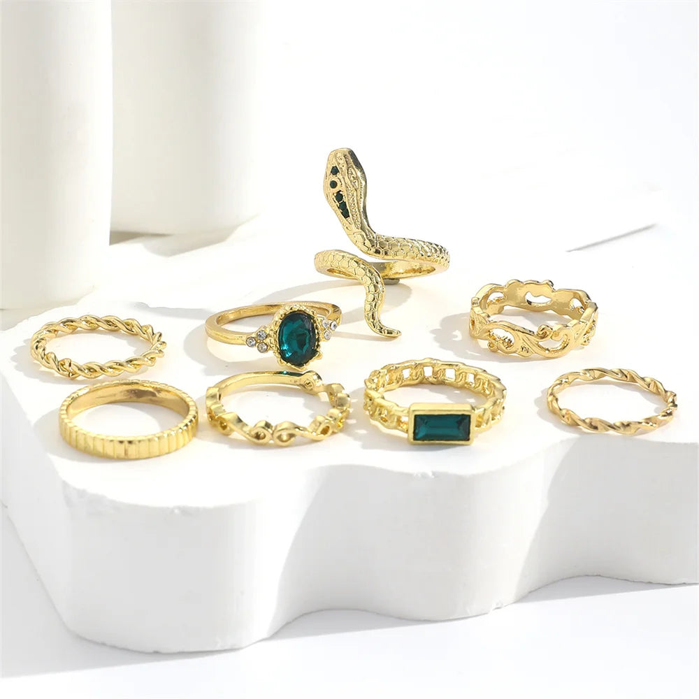 8Pcs/Set Ins Style Vintage Faux Gemstone Snake Twist Ring For Women Retro Ocean Wave Geometric Setting Rhinestone Ring Set