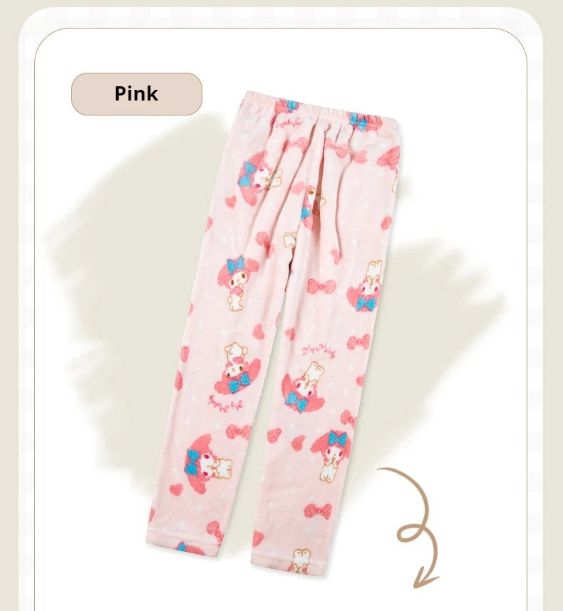 Miniso Hello Kitty Kuromi Sleeper Pants With Flannel Thick Fleece For Warmth Casual Cute Cartoon Pattern Girl Christmas Clothing