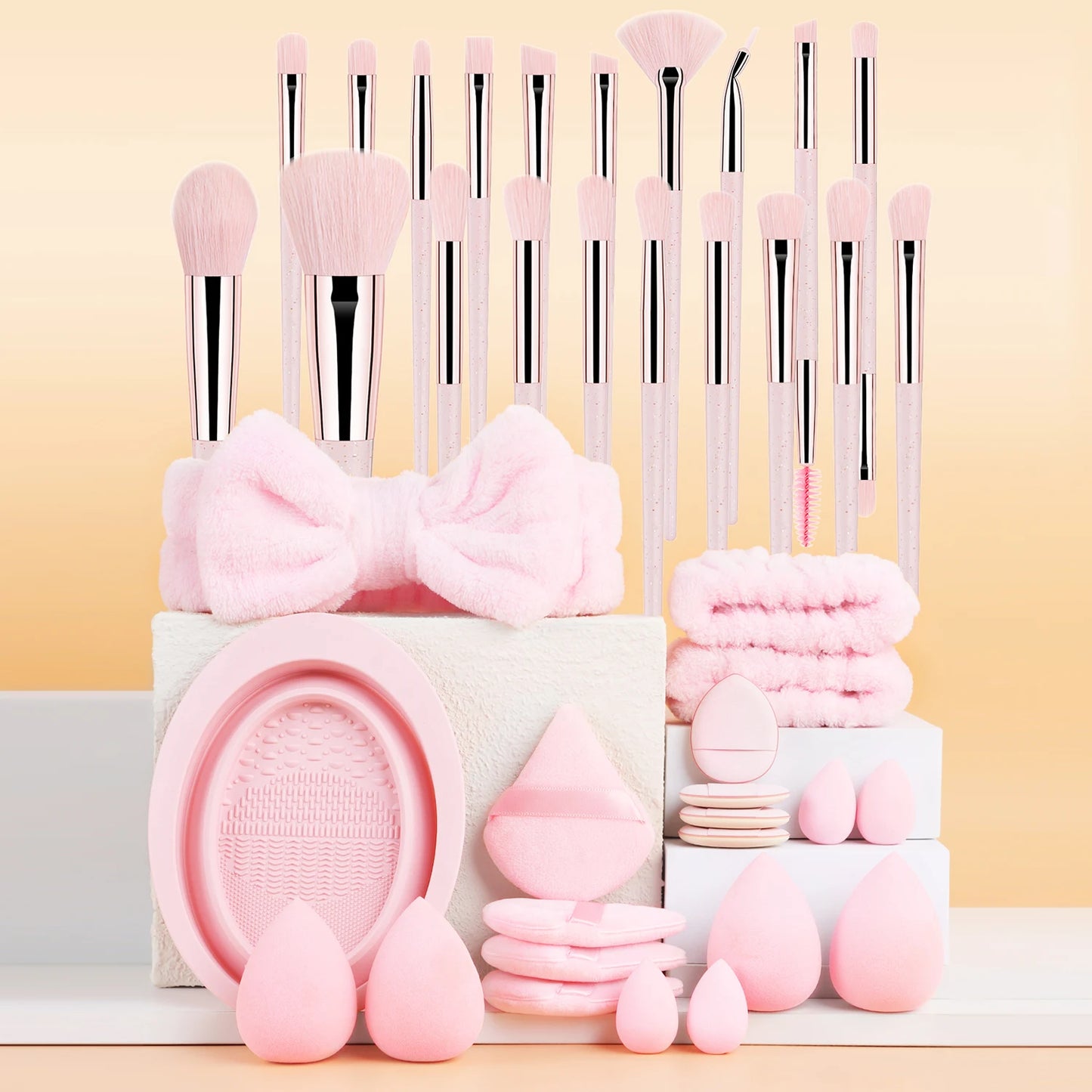 40-piece makeup tool set - 20-piece makeup tools + 16-piece powder puff set + dishwashing, hairband and wristband