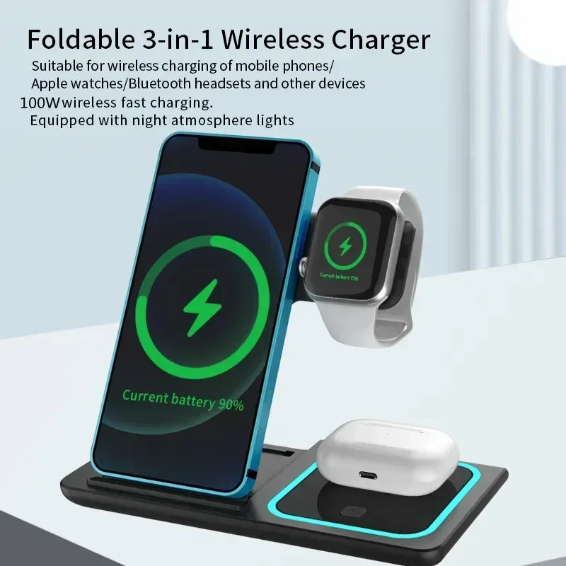 30W Wireless Charger Stand For iPhone15 14 13 12 11 Apple Watch 3 in 1 Foldable Fast Charging Station for Airpods Pro iWatch 8 7