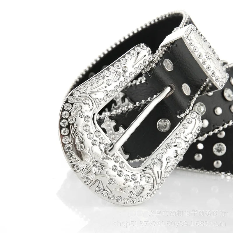 Rhinestone Belt for Men Women Western Cowboy Cowgirl Belts Y2K Bling PU Leather Belt With Cross and Diamond for Jeans