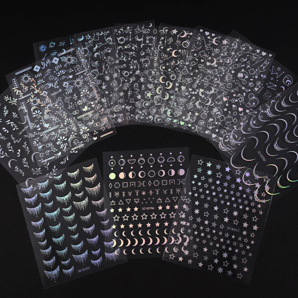 12Pcs Gold/Silver Tasse/Line/Star/Moon 3D Nail Art Stickers Leaf/Geometric Design Self-adhesive Sliders Luxury Manicure Decals