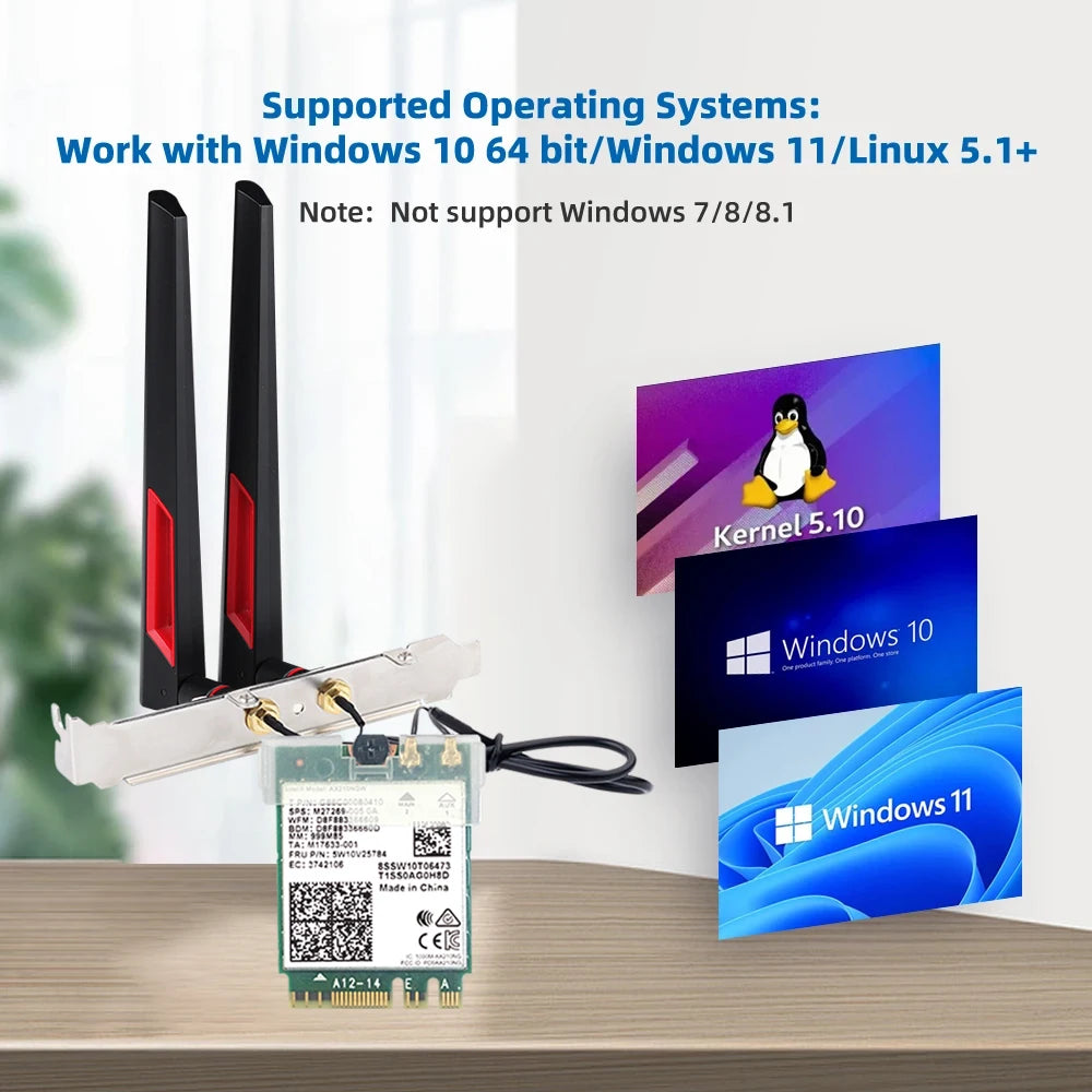 3000Mbps Wi-Fi 6E AX210 Desktop Wireless Card Bluetooth 5.3 802.11ac/ax Tri Band M.2 WiFi Adapter With 10dbi Antennas For Win 10