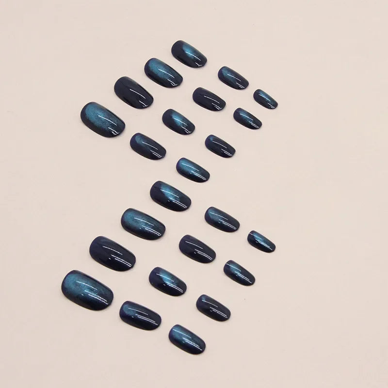 Dark Blue Cat Eyes 24 Pcs Press on Nails Pink Gradient Fake Nails Glossy Artificial Finger Manicure Reusable False Nails