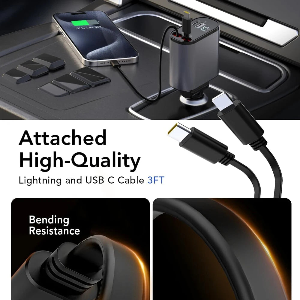 4 IN 1 Car Charger Fast Charging USB Type C 100W LED Car Phone Charger Retractable Cable Adapter For iphone Samsung HuaweI