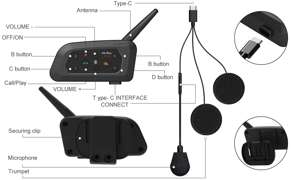 XINOWY V6 Plus Motorcycle Helmet Bluetooth Headset Intercom 1200M Interphone Communicator Waterproof 6 Riders