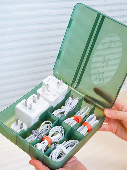 Large Storage Box for Chargers, Cables, Adapters and Accessories with Customizable Dividers, Charger and Cable Storage Box