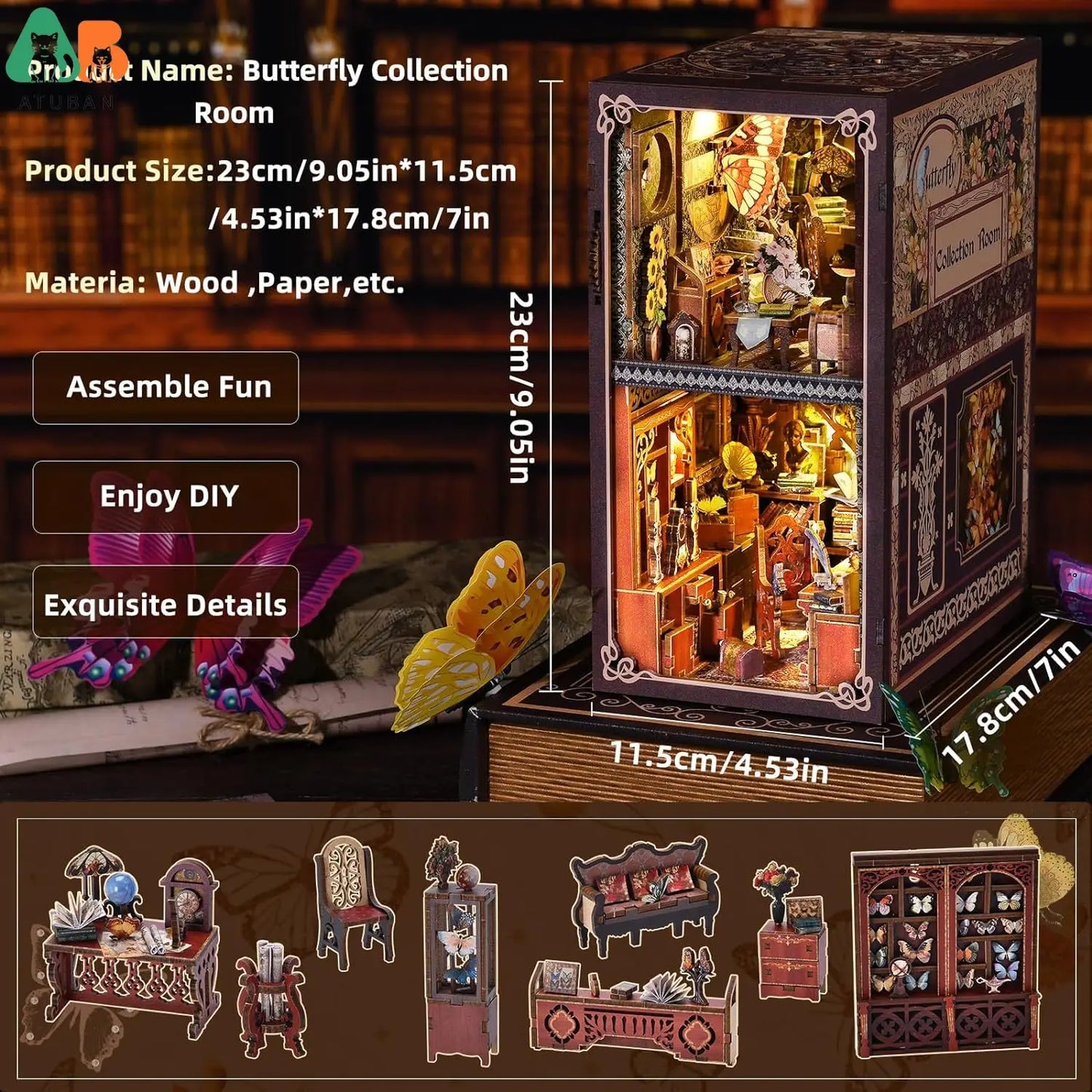 ATUBAN DIY Book Nook Kit, 3D Wooden Puzzle Miniature Dollhouse, Booknook Kit Bookend Bookshelf Insert Decor with LED Light