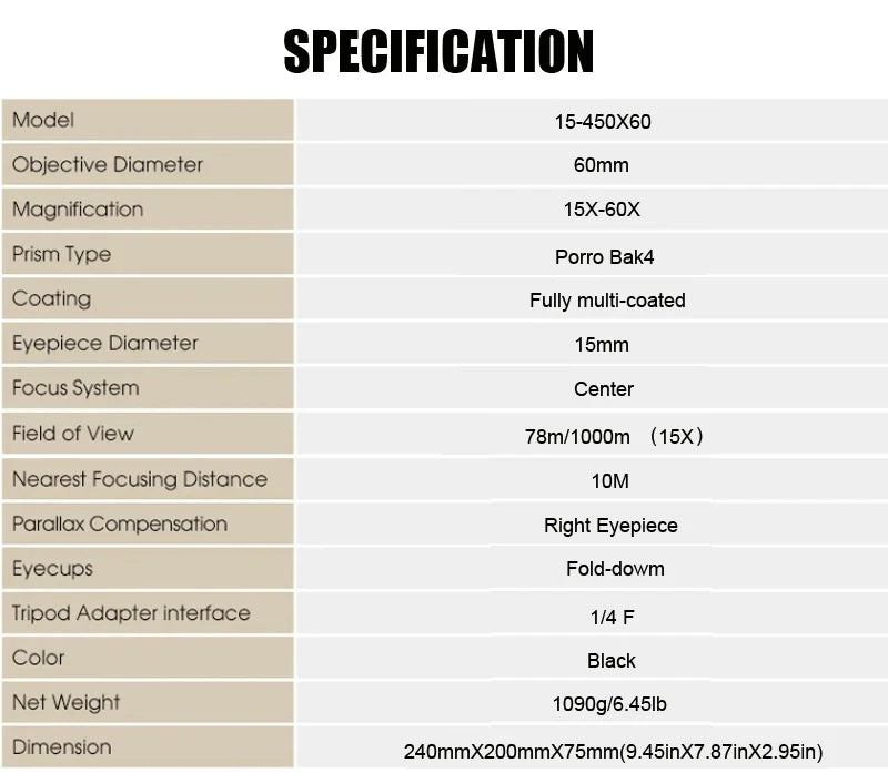 BORWOLF 15-450X60 Binoculars Telescope HD Light Night Vision Bak4 Prism Professional Zoom Powerful for Hunting Bird Watching