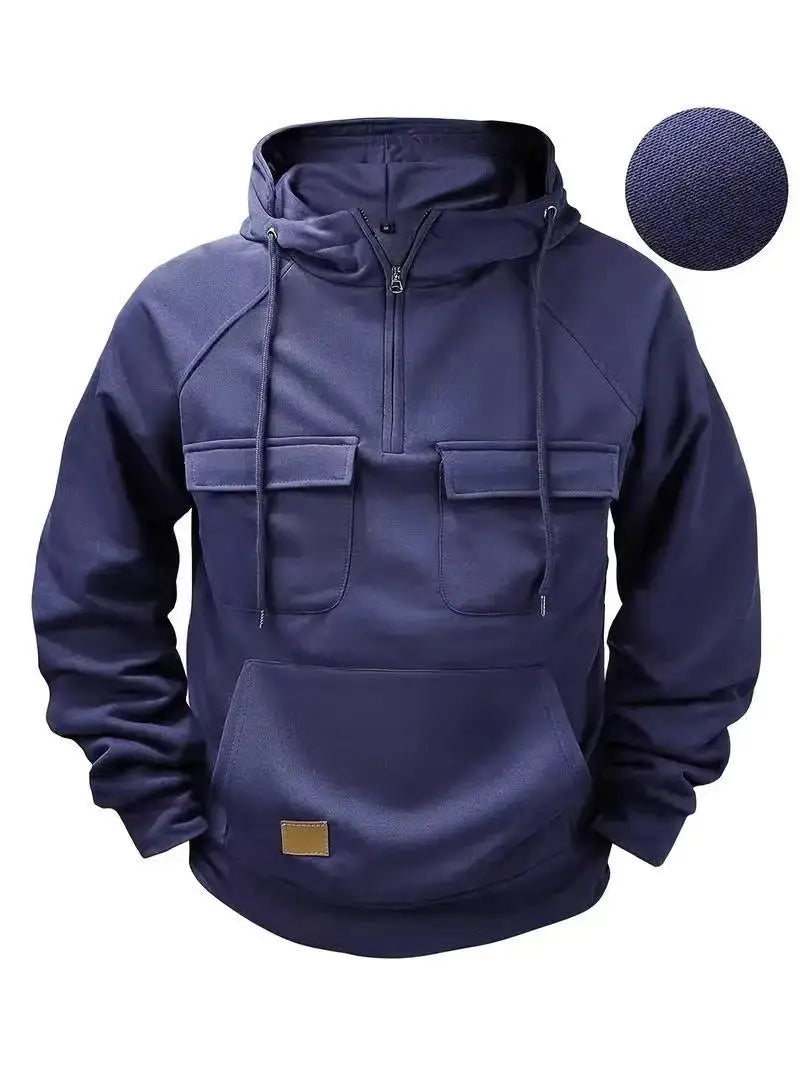 Fashionable Youth Men's Hoodie Solid Color Casual Autumn/Winter Pullover with Multi Pockets Patch Design