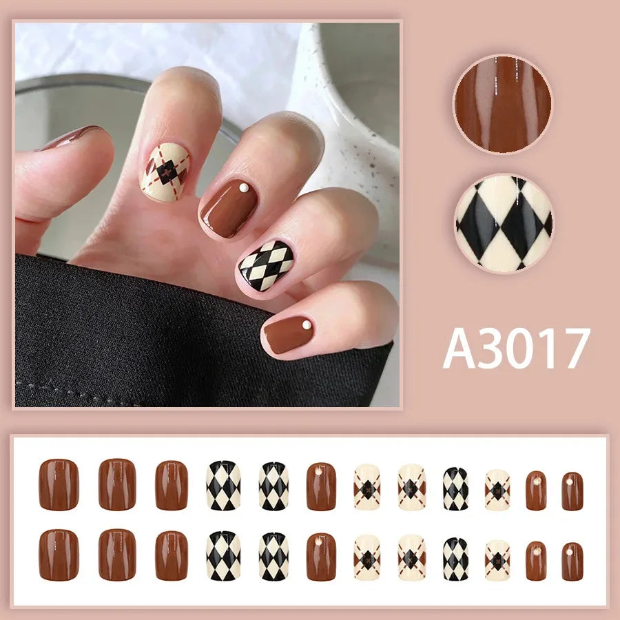 Watercolor Rose Fake Nail with Jelly sticker Press on False Nails Wearable Round Head Oval Full Cover Nail Tips