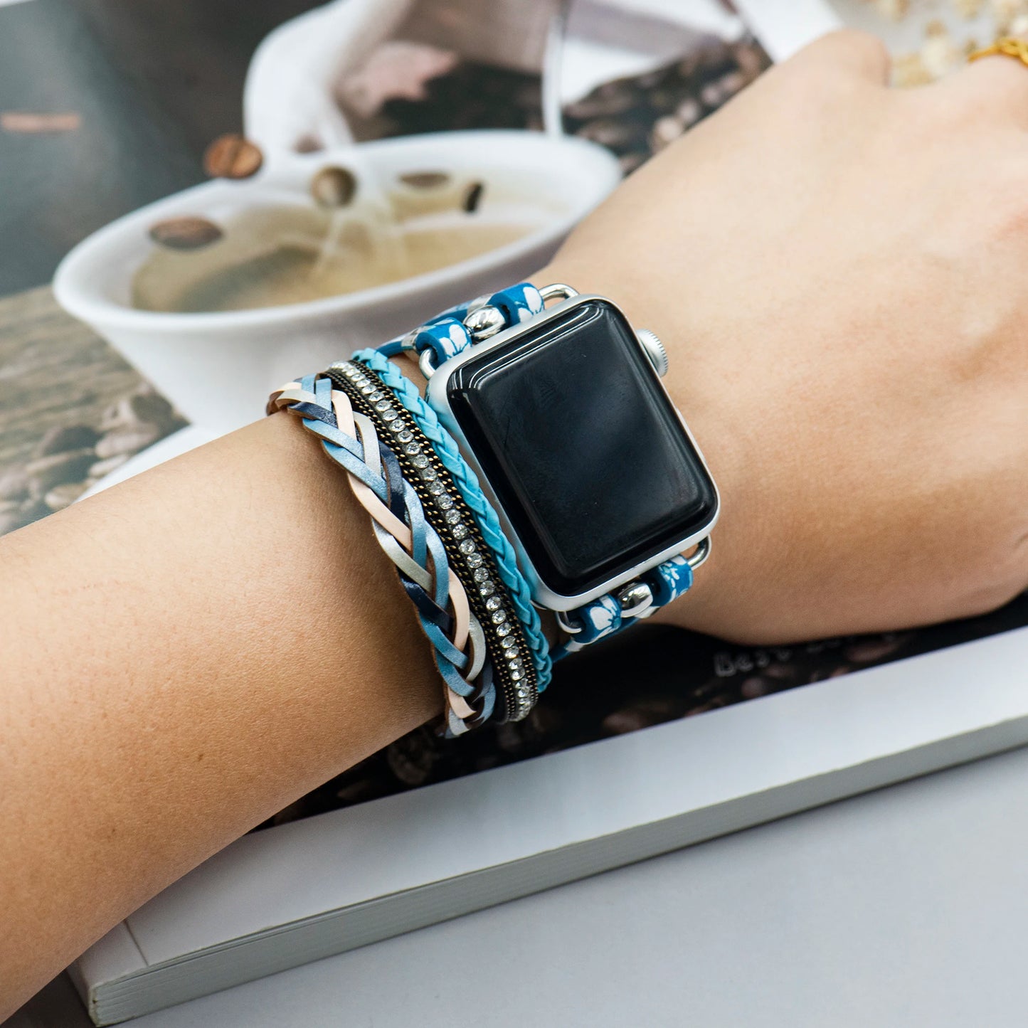 Boho Leather strap for apple Watch strap, men and women 38mm/40mm/41mm 42mm/44mm/45mm/49mm, stylish hand-printed leather strap