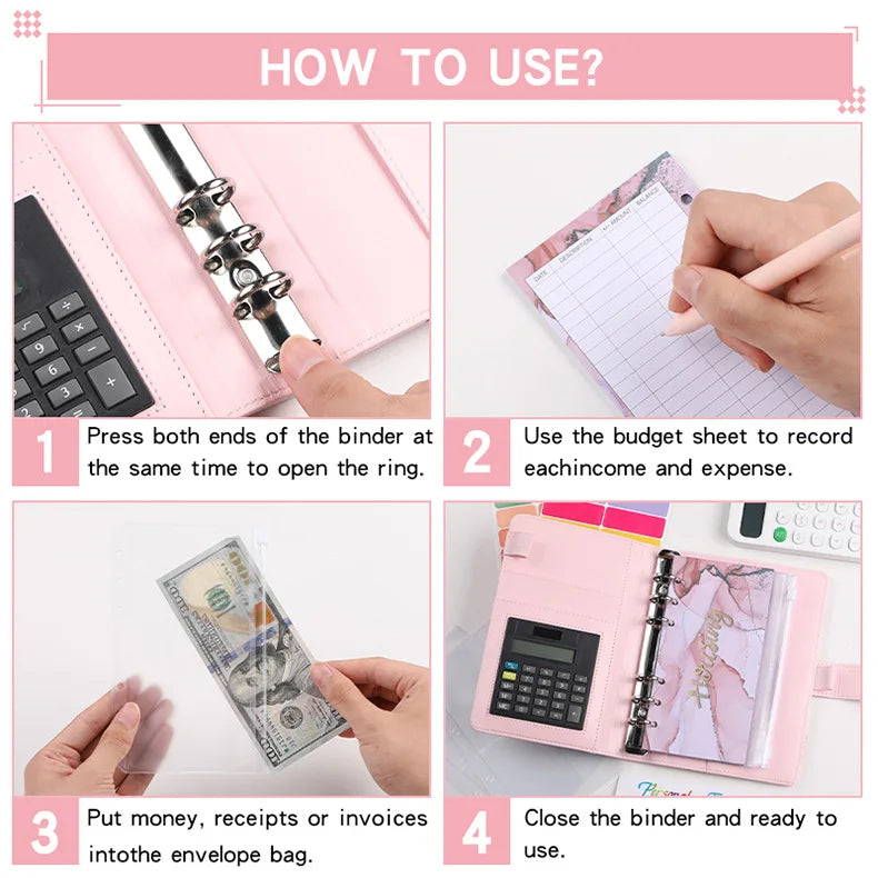 A6 Marble with Calculator Money Budget Planner Binder Zipper EnvelopesCash Envelopes For Budgeting Money Organizer Binde