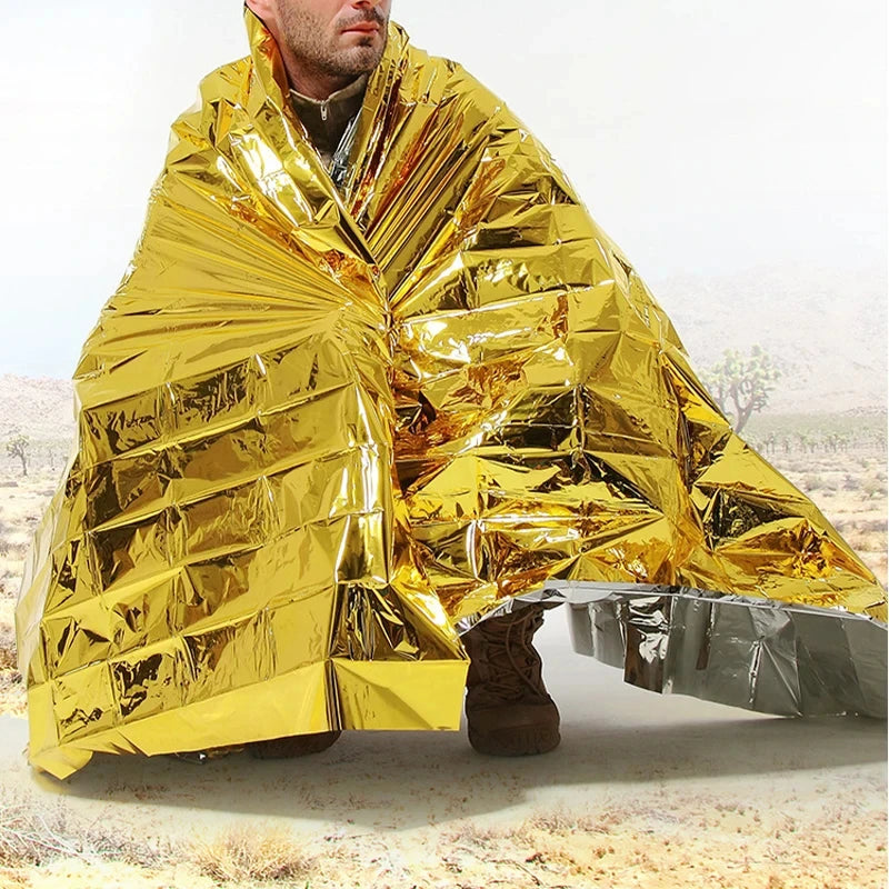 Emergency Thermal Poncho Blanket Lightweight Water-Resistant Windproof Sunshade Reusable First Aid Mat Pad Cover for Camping