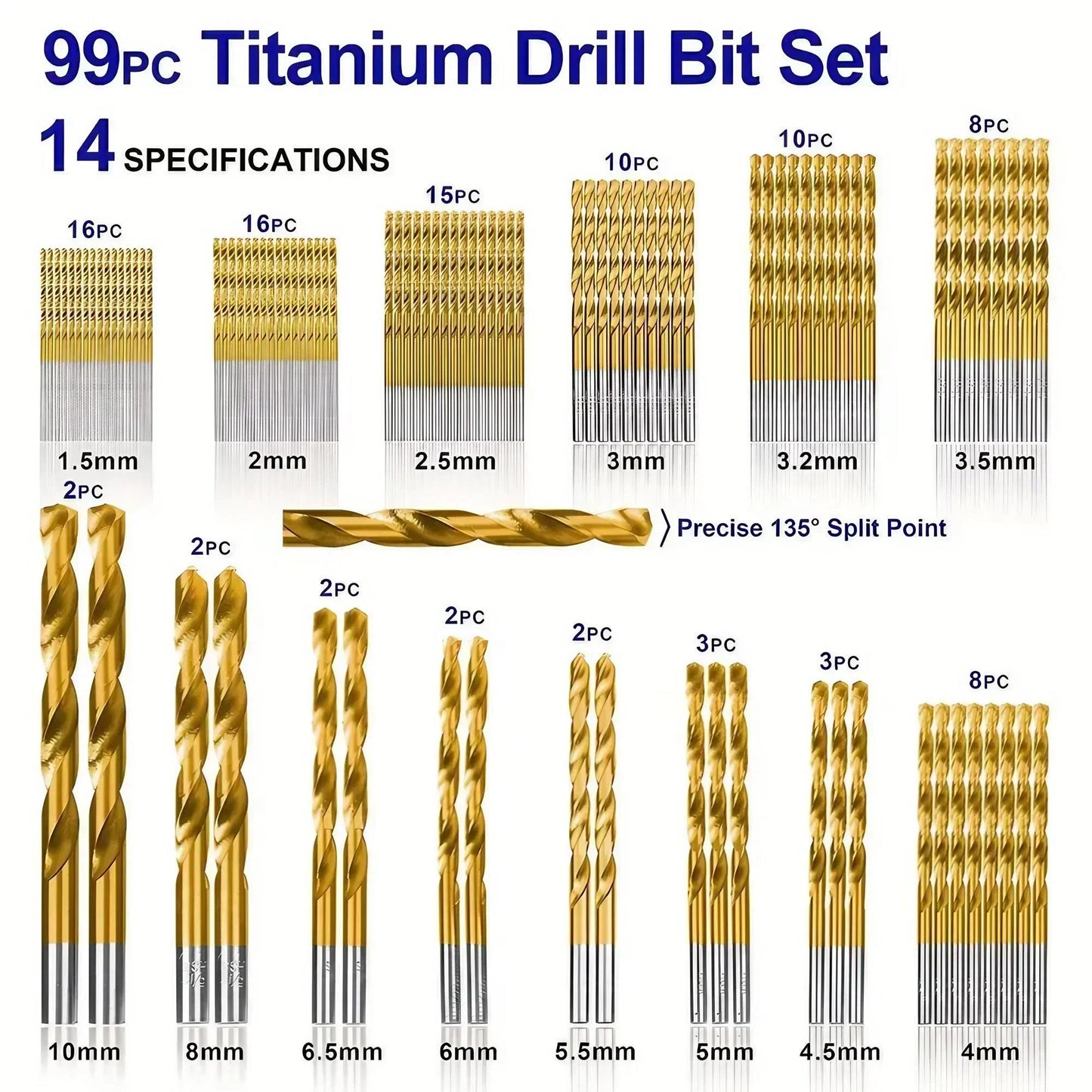 STONEGO 99Pcs High-Speed Steel Titanium Coated Drill Bit Set - 1.5mm to 10mm Twist Drills for Wood, Plastic, and Aluminum