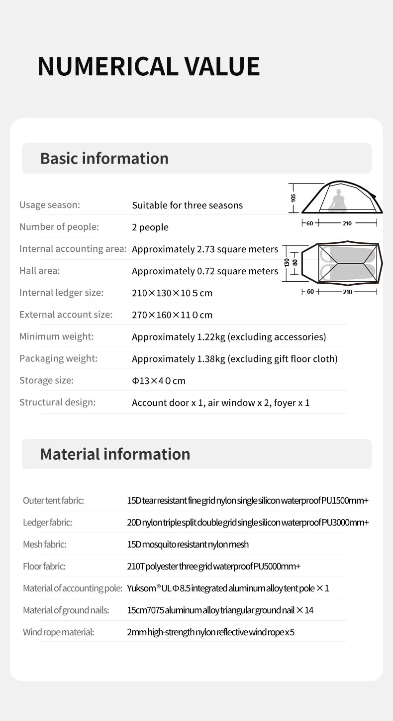 Naturehike Cloud Up UL Camping Tent Ultralight 15D Quick Bulid Beach Tents Outdoor Waterproof Two Person Large Hiking Tent