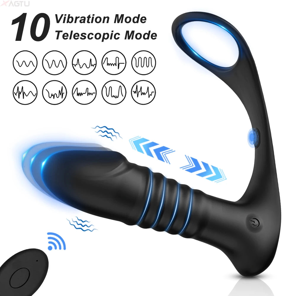4in1 Thrusting Vibrating Anal Vibrator Prostate Massager Cock Ring Anal Plug G Spot Massager Male Sex Toys for Men Women Couples