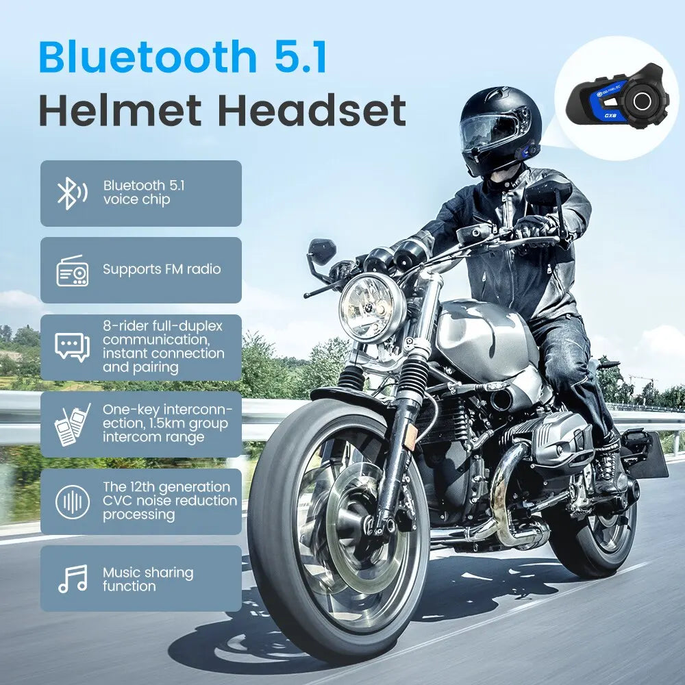 GEARELEC GX8 Motorcycle Bluetooth Intercom Music Sharing 1500m 8 Riders Group Helmet Communication Speaker Headset Interphone