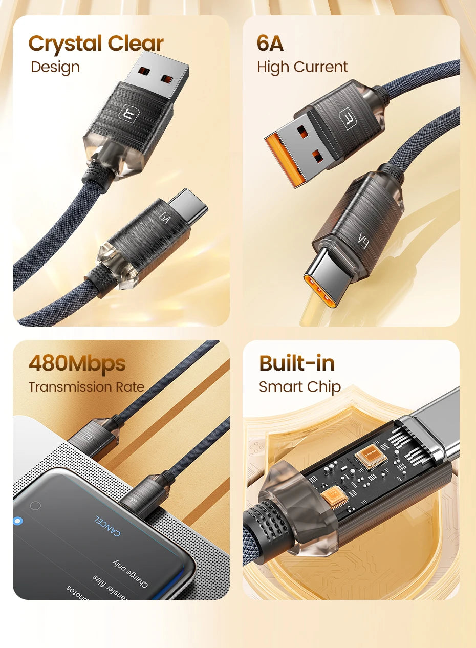 Toocki 6A USB Type C Cable for Huawei Xiaomi Samsung Oneplus POCO SuperCharge 66W/100W Fast Charging Type C Cable Data Wire