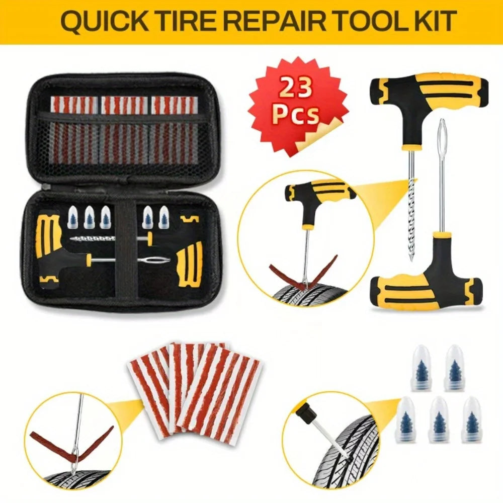 All-in-One Tire Repair Kit: Car Motorcycle Bike Truck Emergency Puncture Plug Tool with Rubber Strips - Roadside & Garage Use