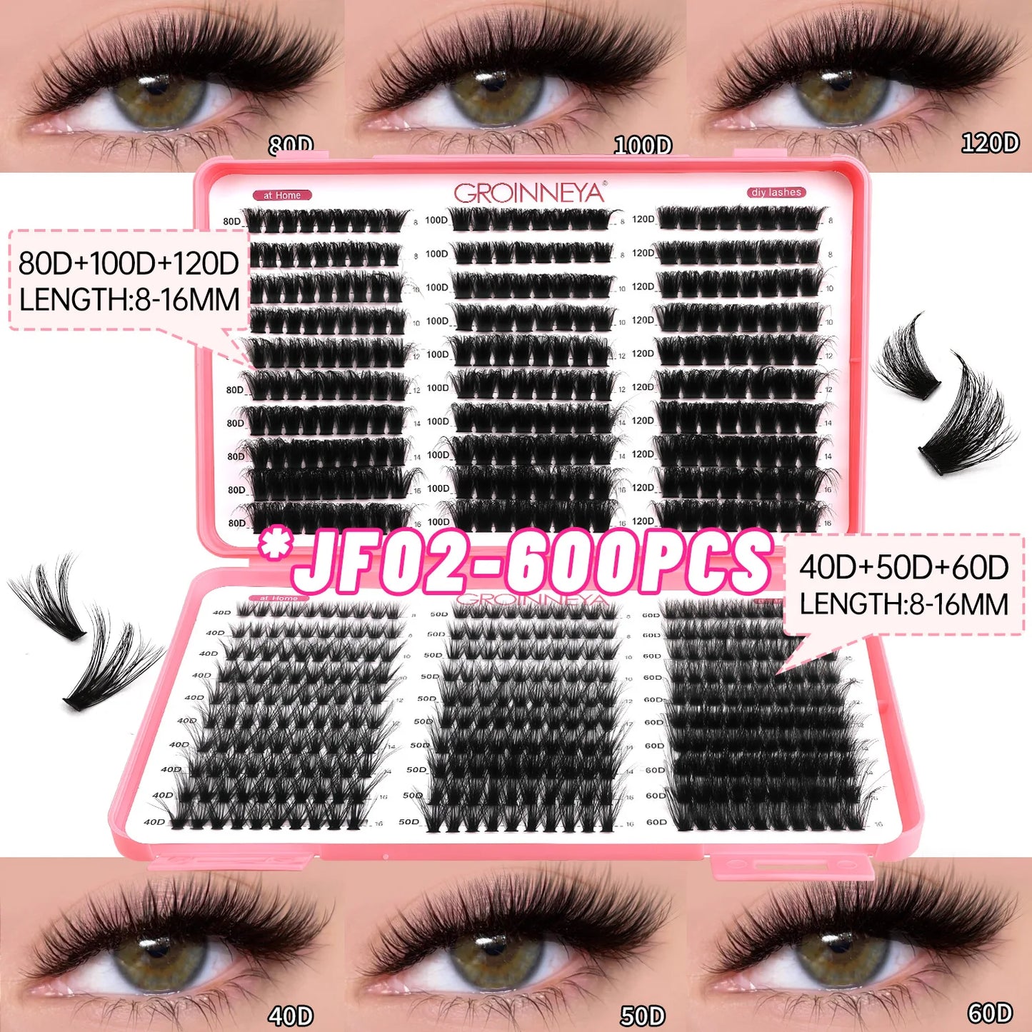 GROINNEYA Lashes Cluster DIY Lash Extension Mixed Tray Clusters Eyelashes Fluffy Volume Individual Lashes Cat Eye Lash Extension