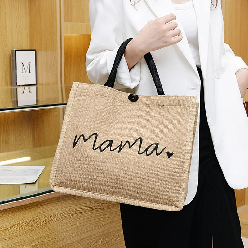 Women Large Capacity Tote Bag Mama Letter Printing Casual Fashion Linen Handbag Shopping Shoulder Bag Mother’s Day Gifts for Mom