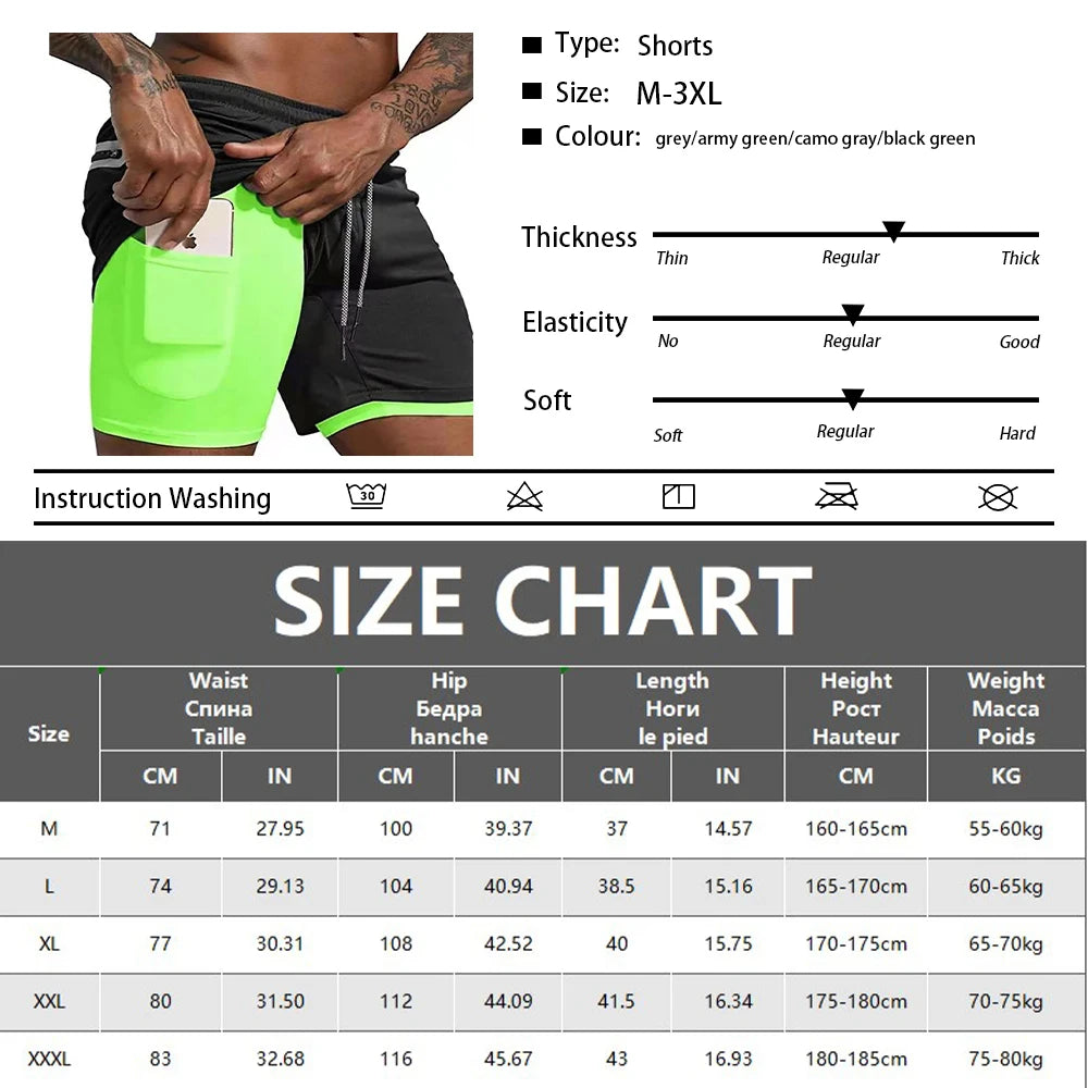 Men's Sport Shorts cool Sportswear Double-deck Running Shorts Summer 2 In 1 Casual Bottoms Fitness Training Jogging Short Pants
