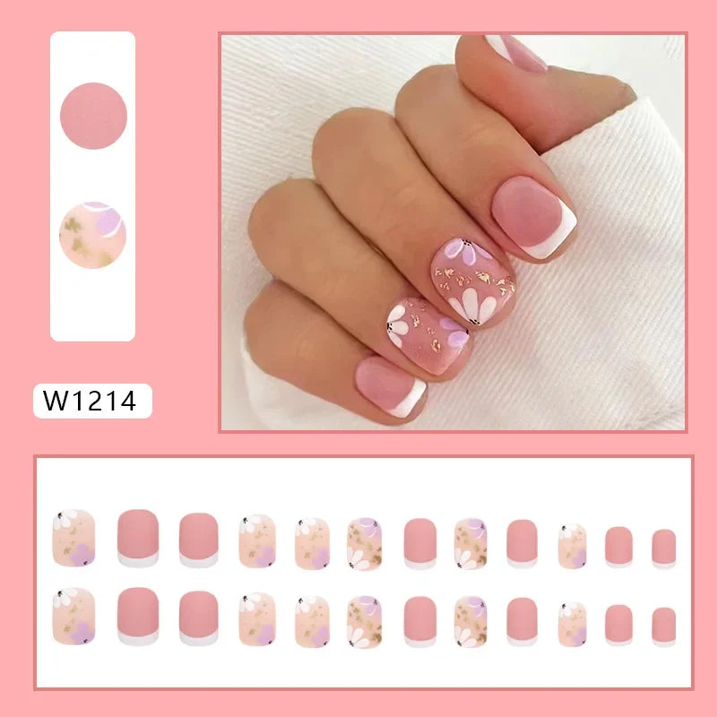 Gold Pink Wine Red 24 Pcs Fake Nail with Jelly sticker Press on False Nails Wearable Round Head Oval Full Cover Nail Tips