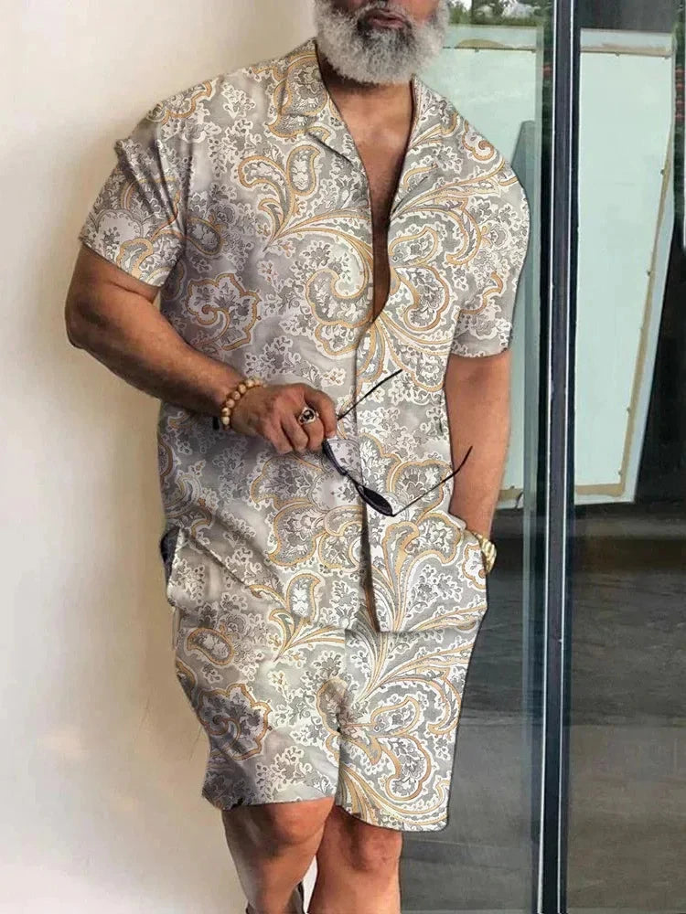 Summer Men's Short-sleeved Shirts Loose Drawstring Shorts New Fashion Cashew Flower Pattern Shirt Shorts Two-piece Men's Suit