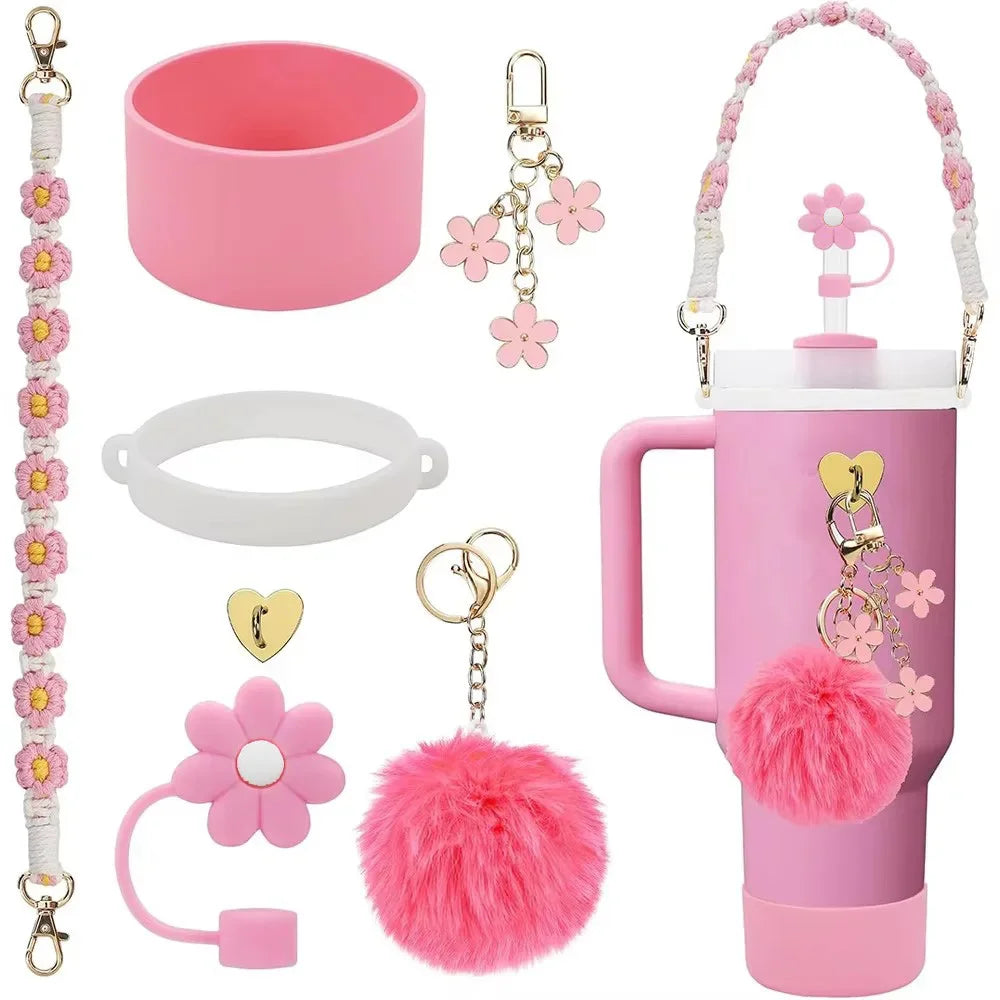 7/8pcs Cup Accessories Set for Stanley Cup Including Handle Strap Siliocne Cup Boot Straw Cover Charms for 40oz 30oz Tumbler
