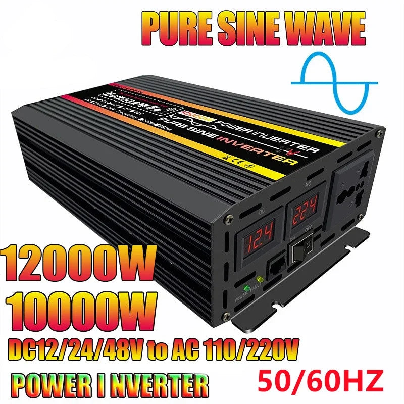 10000W/12000WLCD Display Power Inverter Pure Sine Wave Solar AC 12V 24V To DC 220V Converter Outdoor RV Car Camping Inverter