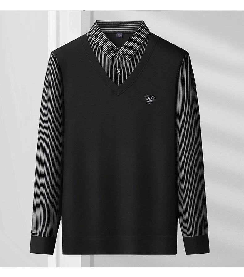 Mens Autumn Clothes Polo Collar Sweater Fake 2 Pieces Striped Velvet Jumpers Slim Fit Pullovers Elegant Knitted Sweaters