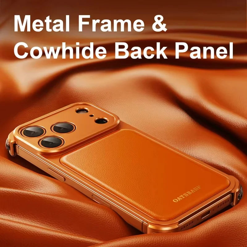 Luxury Bounce Magnetic Leather Mobile Phone Case For IPhone 17 16 Pro Max Frameless Aluminum Metal Bumper Shockproof Back Cover