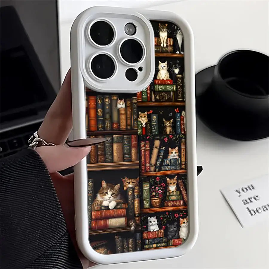 Vintage Bookshelf Kitten Phone Case for iPhone 16 15 Pro Max 13 12 11 14ProMax 16Plus 12Pro 16e Soft Cover