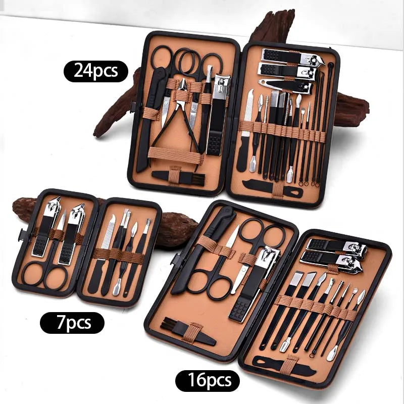 7-24pcs Manicure Tool Set Stainless Steel Cuticle Nipper Cutter Kit Professional Nail Clippers Pedicure Nail Art Grooming Tools