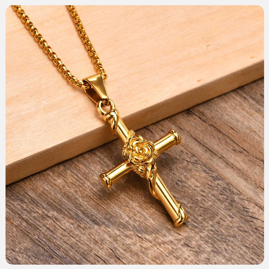Vnox Men Cross Necklace, Stainless Steel Rose Cross Pendant with Box Chain, Unisex Cool Crucifix Jesus Faith Aesthetic Collar