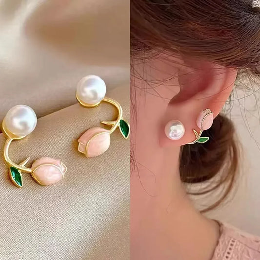 Sweet Fashion Enamel Pearl Tulip Flower Stud Earrings for Women Korean Temperament Zircon Back Hanging Earring Wedding Jewelry