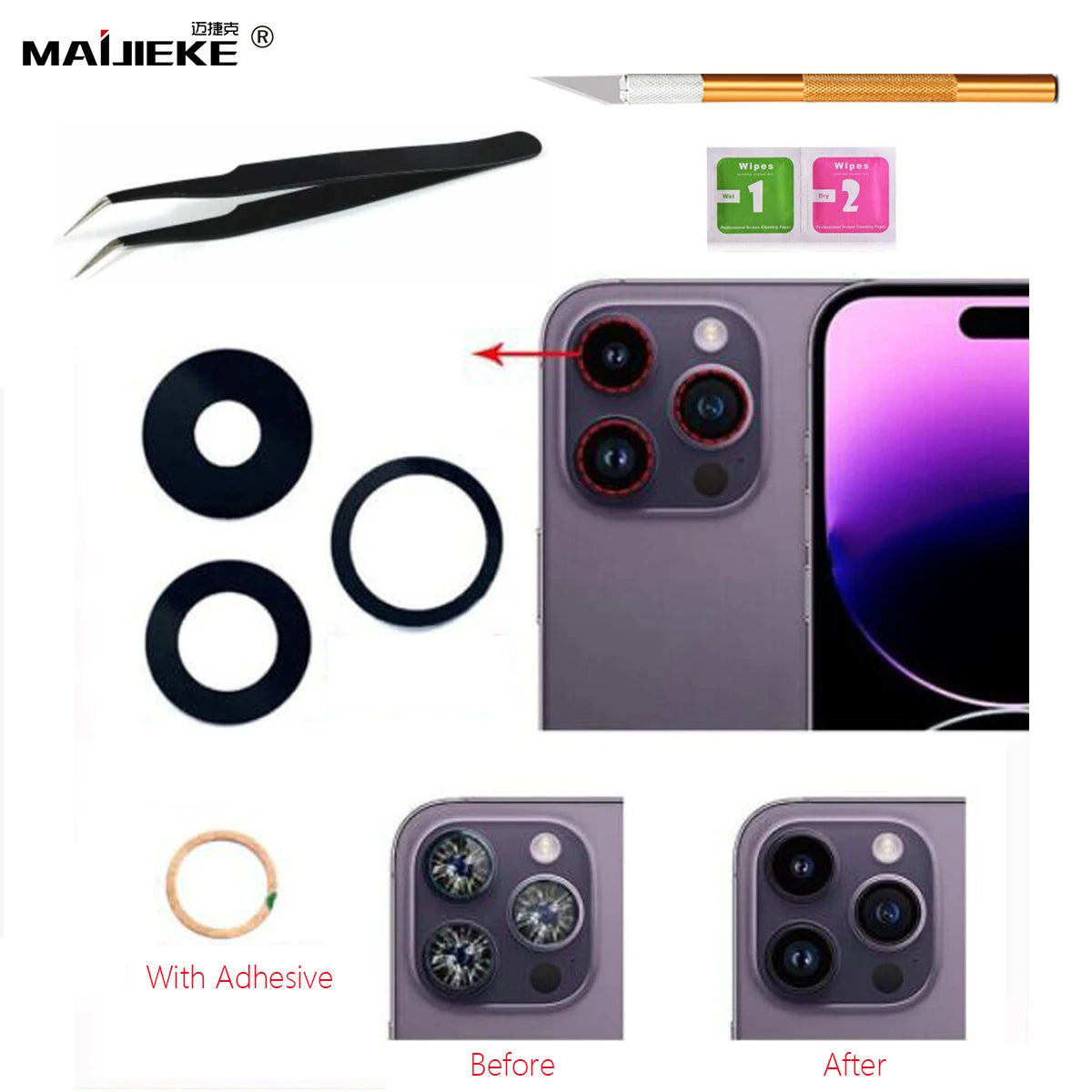 New Back Camera Glass Replacement for iPhone 11 13 14 Pro Max 12 Mini X Xs Max Xr 8 7 6S Plus Broken Camera Lens Repair Kits