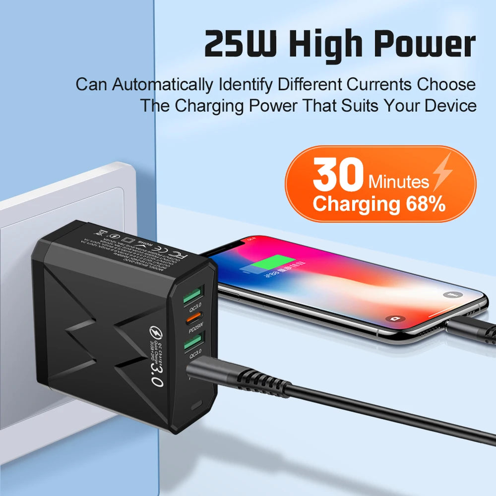 PD 25W USB C Charger 4 Ports 45W Fast Charging Type C Phone Adapter For iPhone 15 14 Samsung Xiaomi Quick Charge3.0 Wall Charger