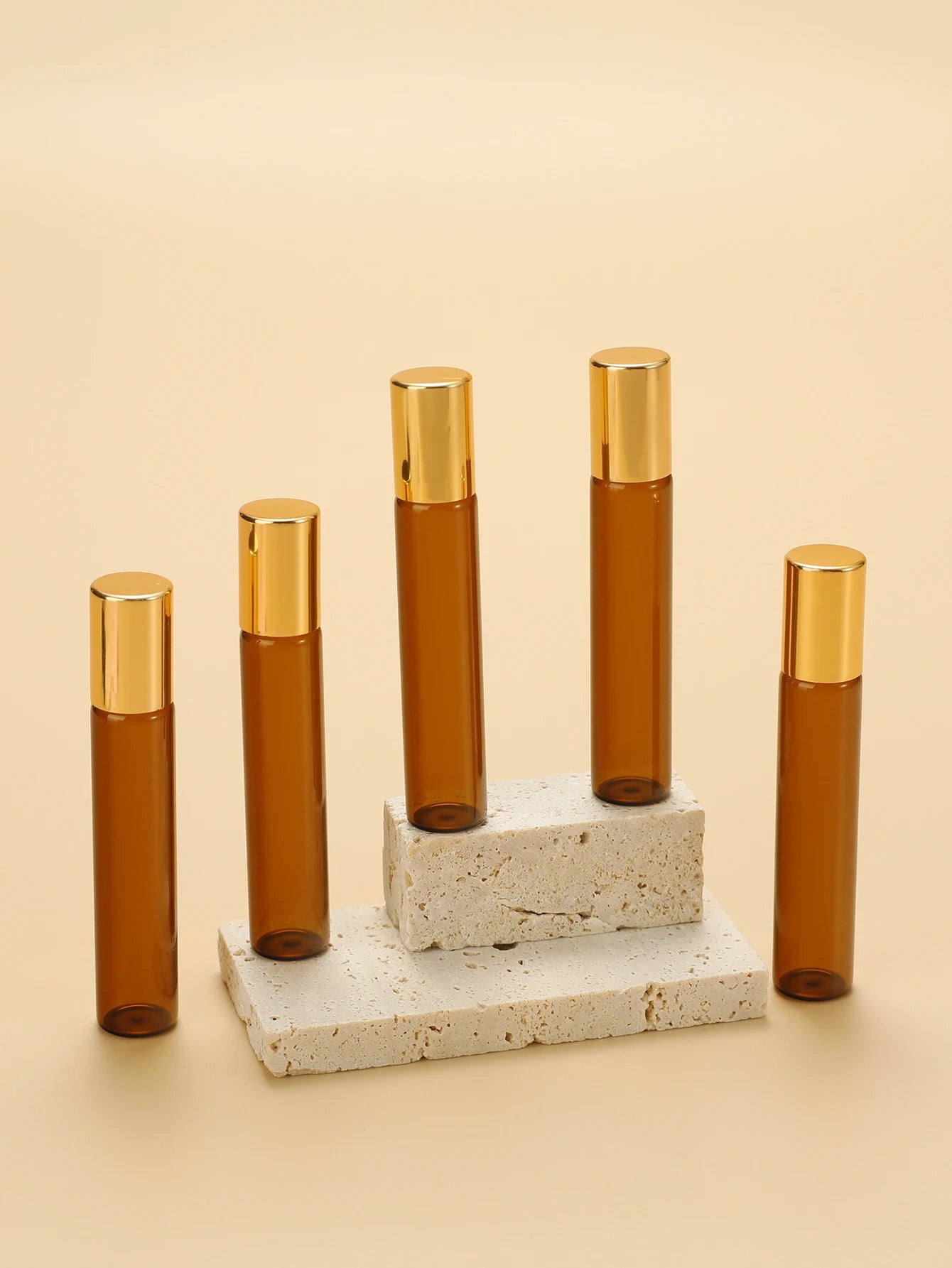 5 Refillable Glass Essential Oil Bottles, Amber Glass Bottle Rollerball Perfume Bottle, Stainless Steel Ball Hollow Travel Rolle